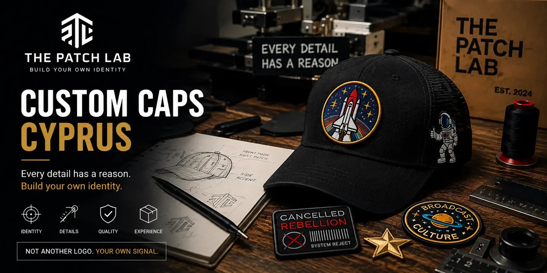 Custom caps Cyprus by The Patch Lab featuring identity-built headwear with embroidered patches and design details.