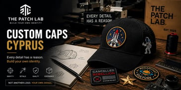 Custom caps Cyprus by The Patch Lab featuring identity-built headwear with embroidered patches and design details.