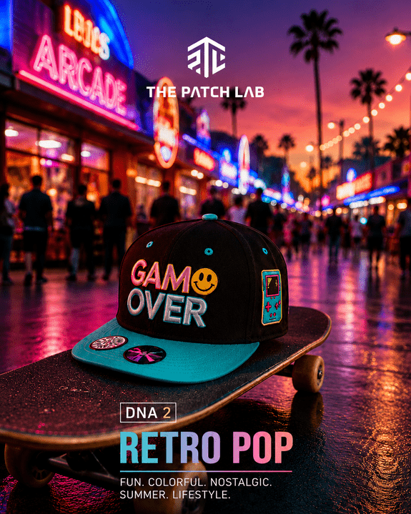 Retro Pop colourful cap inspired by arcade gaming cassette and nostalgic culture