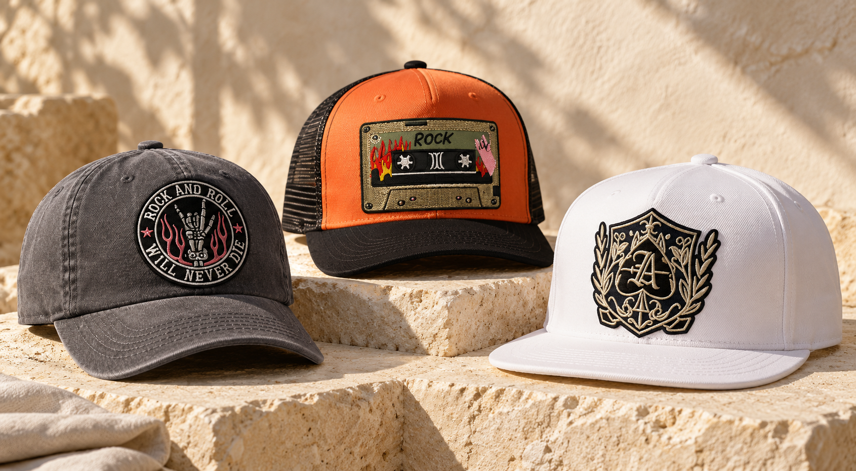 Three The Patch Lab cap concepts: a grey rock-inspired cap, an orange cassette trucker cap and a white crest snapback