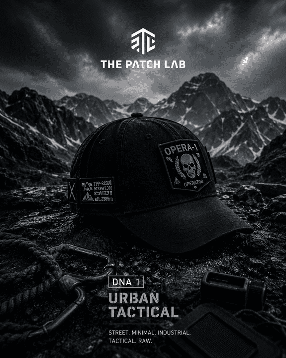 Urban Tactical identity-built cap with black tactical patches in rugged streetwear scene